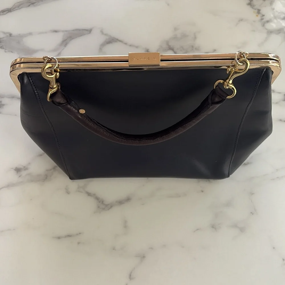 Clare V Black Leather Top-Handle Frame Bag with Gold Hardware